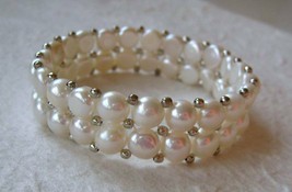 Fait à la Main Glissière Deux Rangées Perle de Culture Extensible Bracelet - $17.71