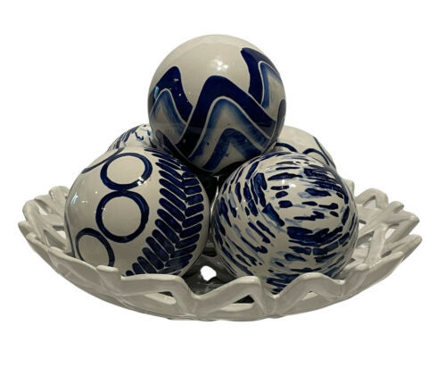 Pier 1 Blue  White Decorative Nesting Centerpiece Basket Ceramic Balls (5) READ - $51.43