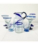 Vintage Cobalt Blue Margarita Pitcher and Glasses Mexican Hand Made Glas... - $107.91