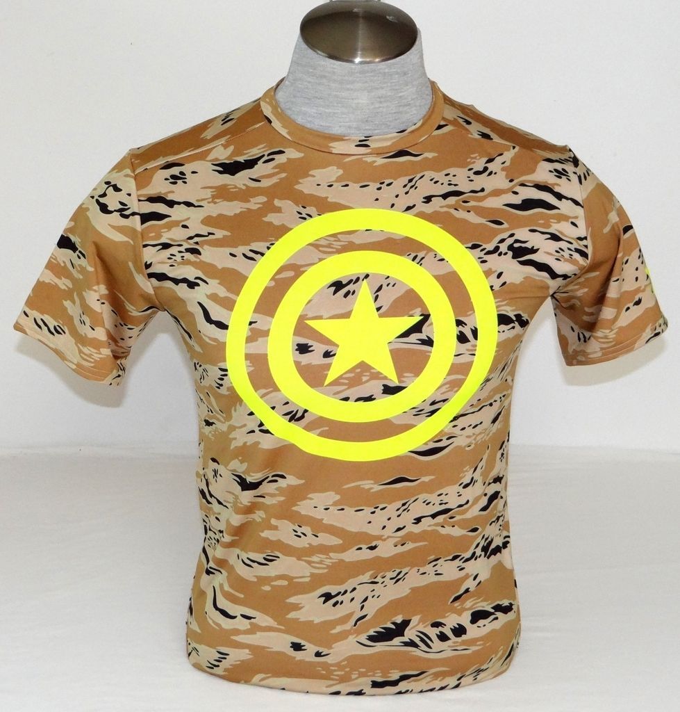 Under Armour Captain America Brown Camo /& Neon Yellow Compression Shirt Mens NWT