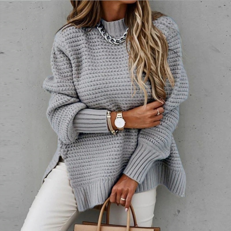 New gray knitted long sleeve women sweater knit jumper oversized pullover