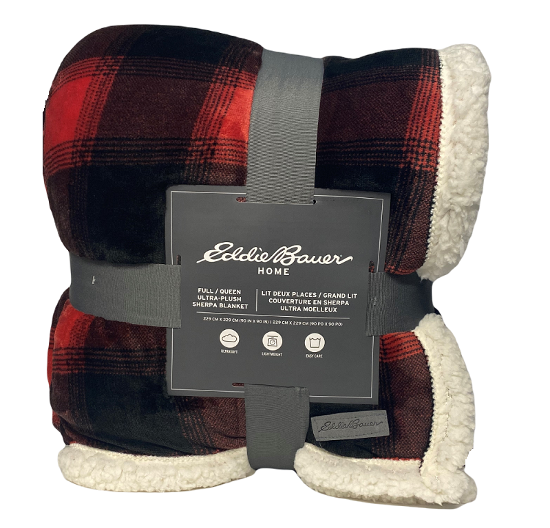 Eddie Bauer Full/Queen Canyon Plaid UltraPlush Sherpa Blanket Black