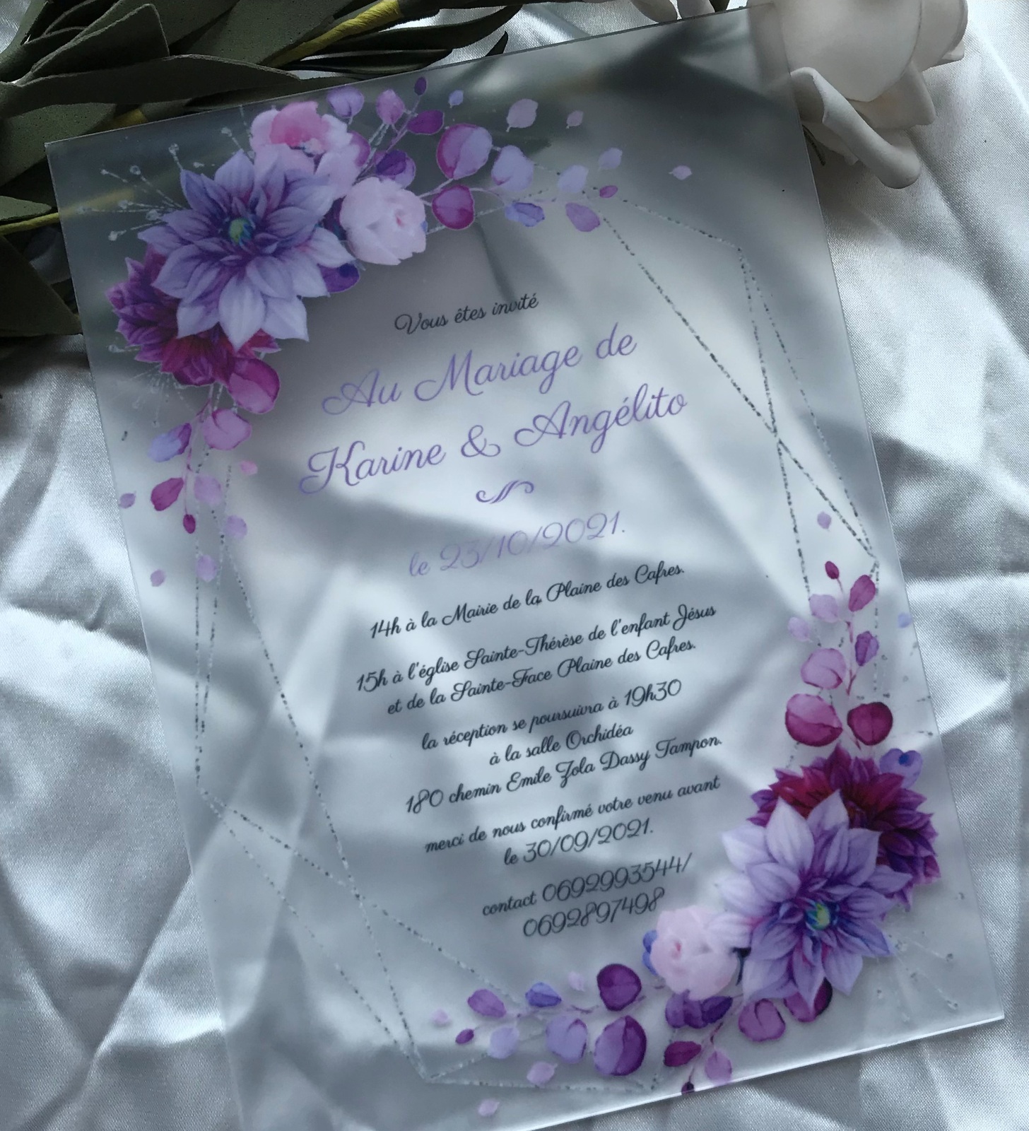 Purple Rose Flowers Acrylic Wedding Invitation,Custom 10pcs Acrylic Invite