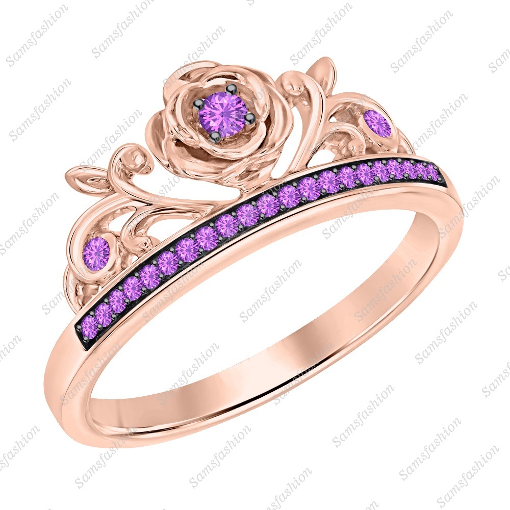 Round Cut Amethyst 14k Rose Gold Over .925 Silver Rose Flower Engagement Ring