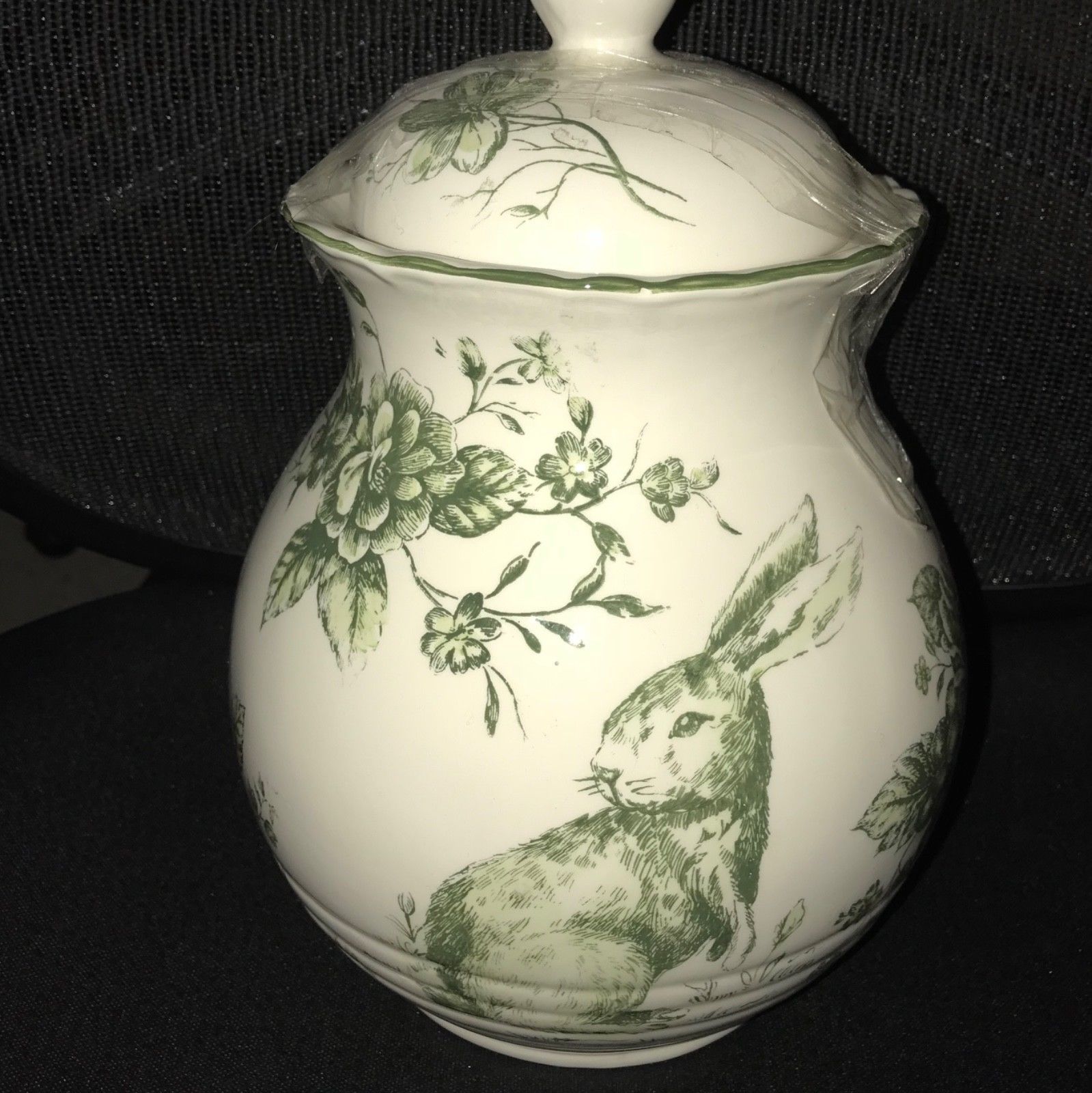Maxcera Green & White Toile Country French Large Water Pitcher Jug Rabbit Easter 