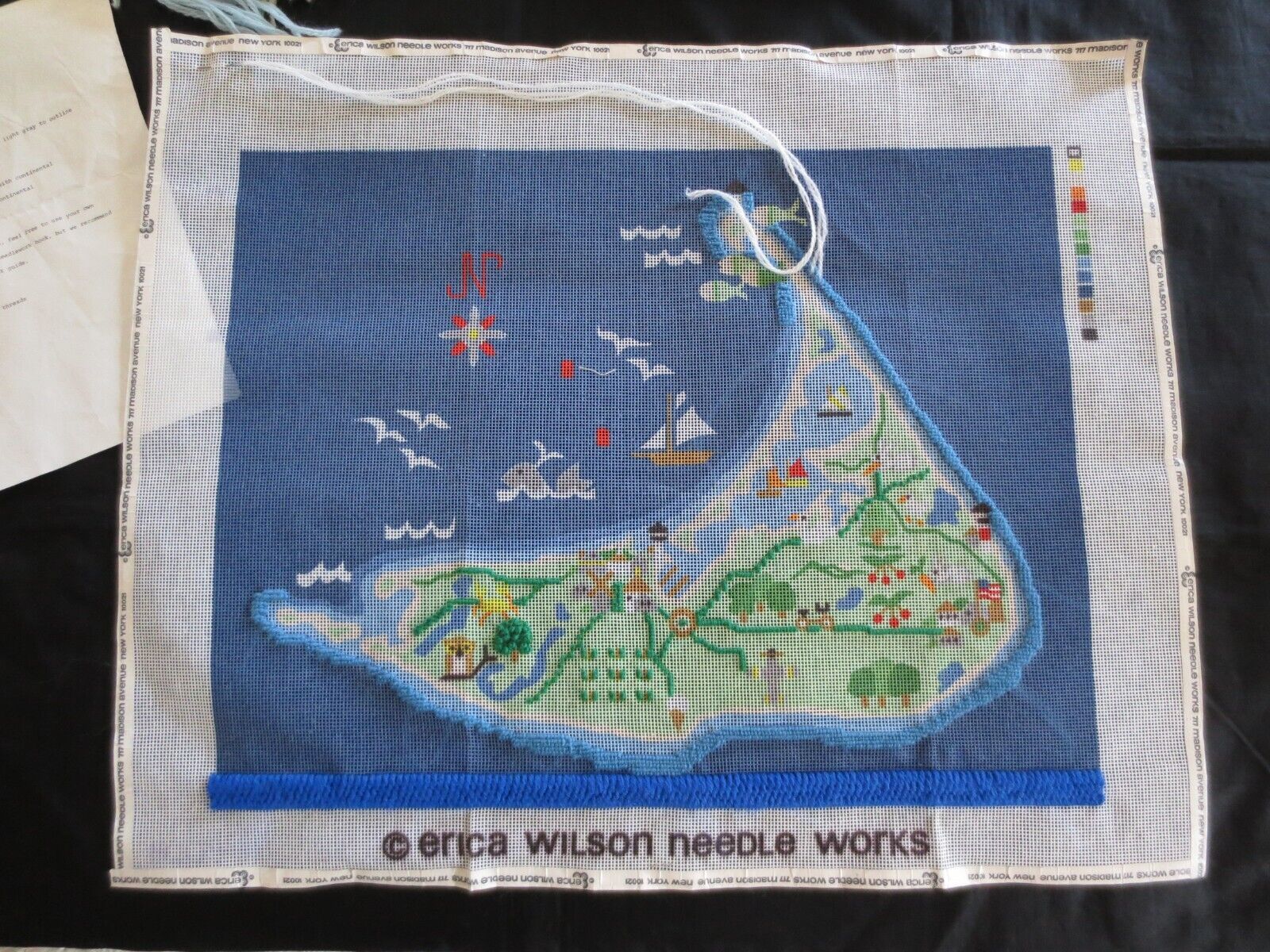 STARTED 1970's Erica Wilson VINTAGE NANTUCKET MAP NEEDLEPOINT KIT26" x