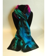Hand Painted Silk Scarf Teal Green Turquoise Blue Hot Pink Oblong Neck H... - £41.27 GBP