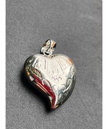 Estate Floral Etched Silvertone Puffy Heart Pendant – 1.5 x 1 inches inc... - $13.09
