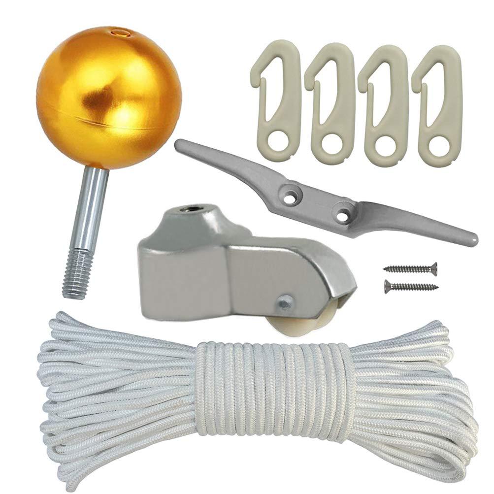 Flag Pole Parts Repair KIT 80 Feet Flag Halyard Rope 3" Gold Ball 4