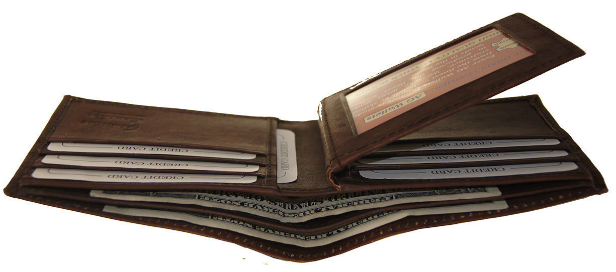 AG Wallets MENS Leather Bifold Wallet 2 Bill Slots 1 ID Flap Zipper