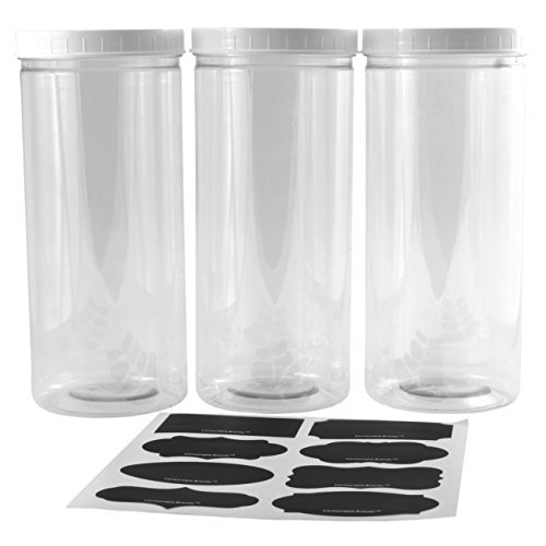 Three Tall Clear Plastic Canisters w/White Lids & Chalk Labels 2.5
