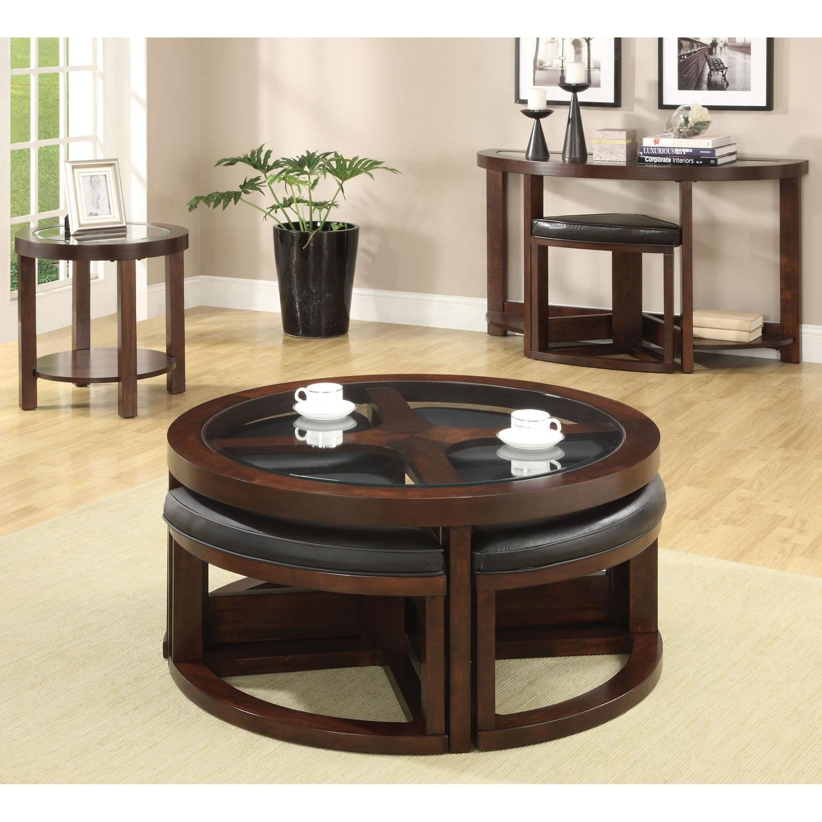 Coffee Table Ottoman Set Seating Glass Chairs Wood Round - Other