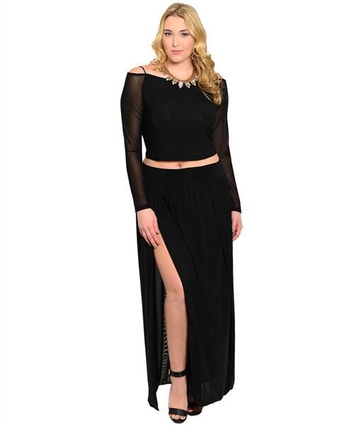 Eien Women's Skirt Set Crop Top Long Slit Skirt Black Junior Plus 1XL, 2XL, 3XL