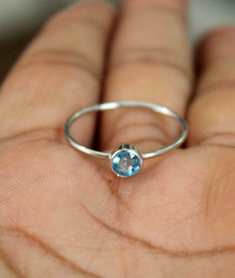 Natural Blue Topaz Stacking Ring 5 mm Round Blue Topaz November Birthstone Ring