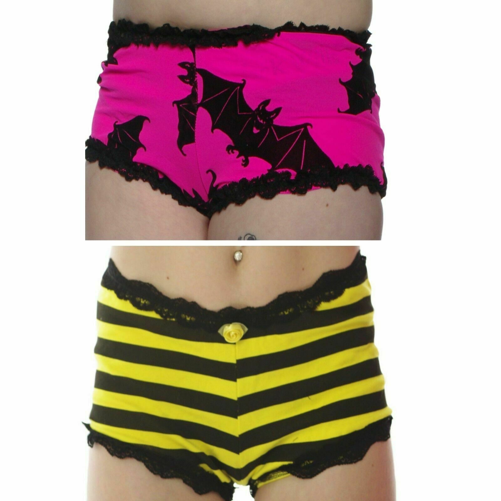 festival punk LACE EDGE SHORTS HOT PANTS pink/black BATS STRIPED yellow/black