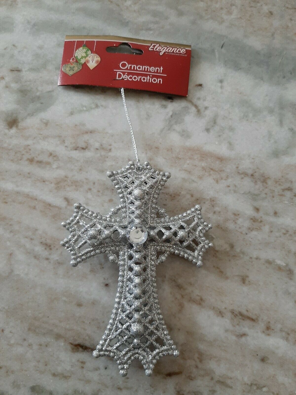 Silver Rhinestone Christmas Cross Hanging Xmas Tree Ornament  5 1/2 Inches