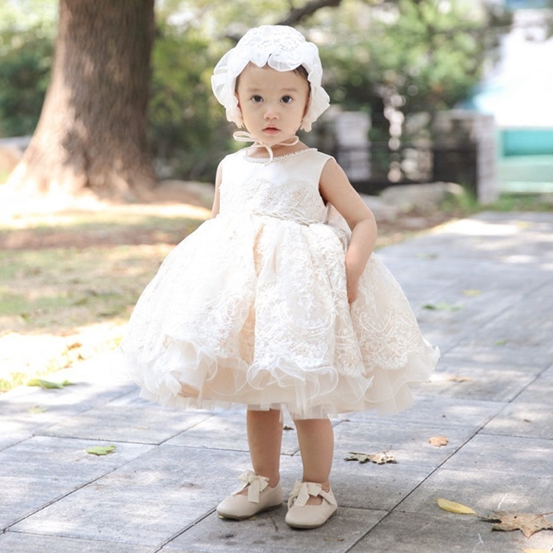 New beige lace and tulle elegant embellished princess dress for toddlers / girls