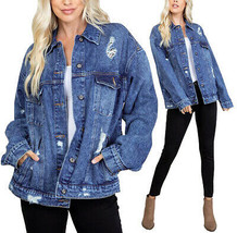 Women's Distressed Oversized Casual Button Front Cotton Jean Denim Jacket