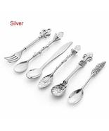 6pcs Vintage Spoons Fork Mini Royal Style Metal Gold Carved Coffee Snacks Fruit  - $28.95