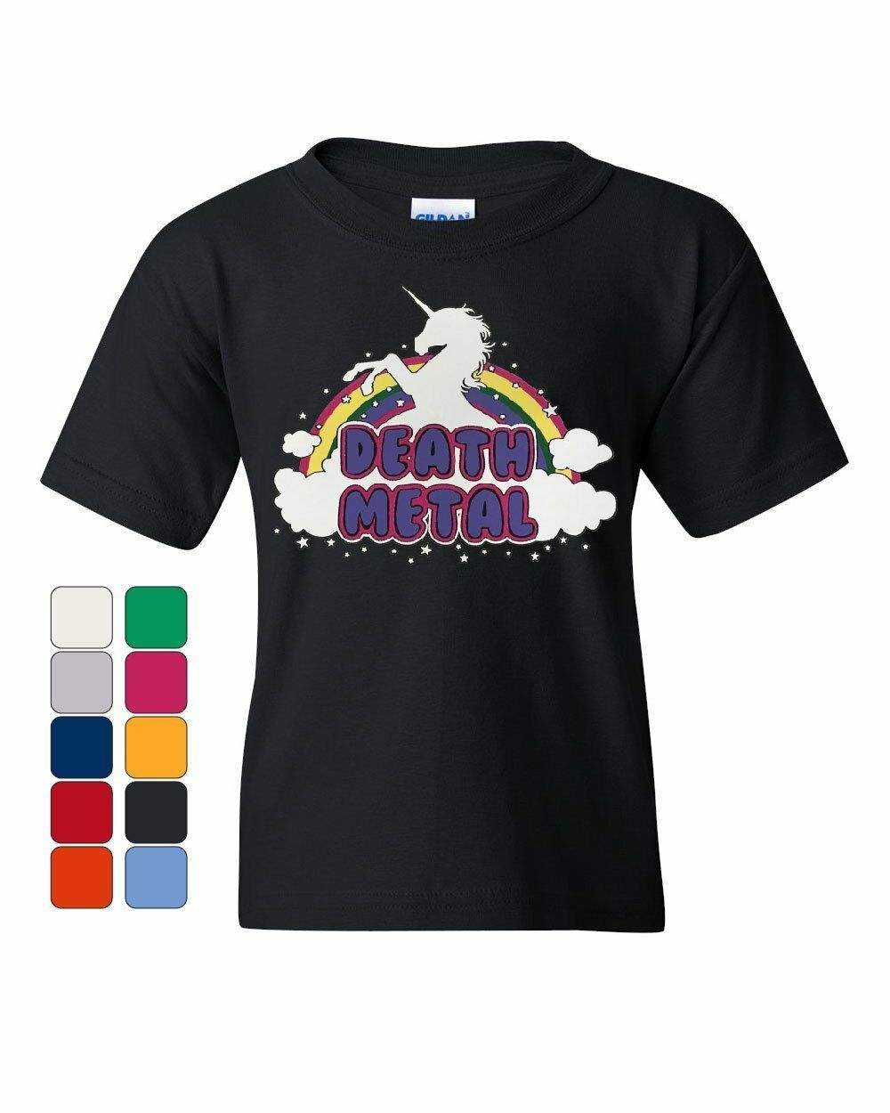 Unicorn Death Metal Youth T-Shirt Rainbow Hilarious Cute Heavy Music Kids Tee