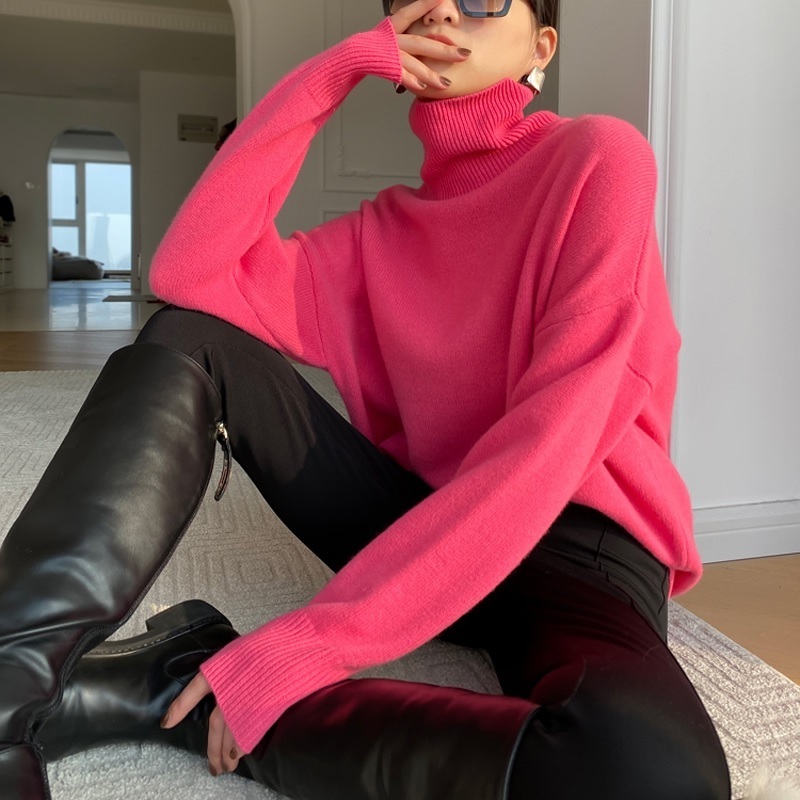 New fuchsia pink knit turtleneck oversized women sweater knitted pullover