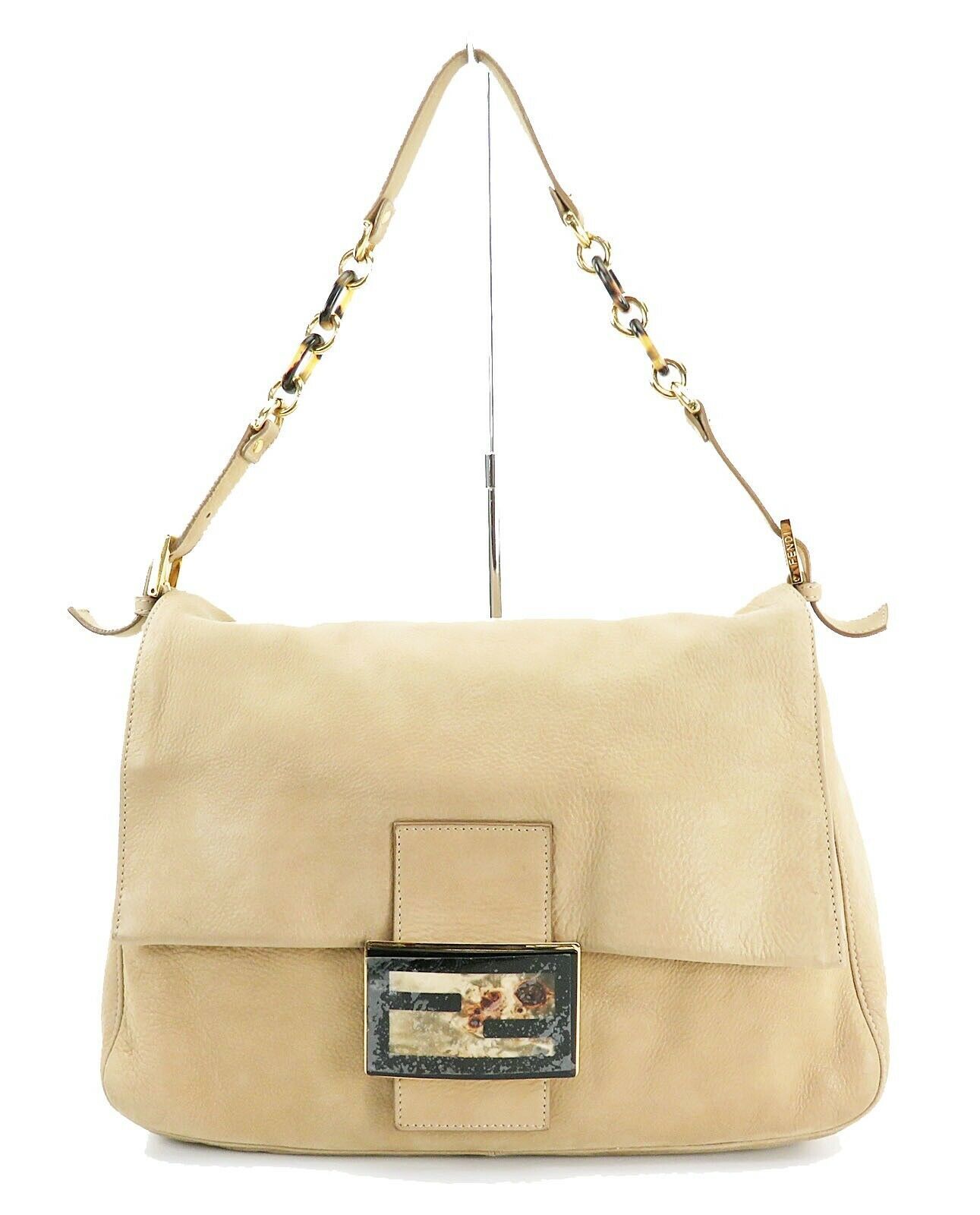 Authentic FENDI Beige Leather Chain Hand Shoulder Bag Baguette Purse ...