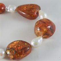 SOLID 18K YELLOW GOLD NECKLACE WITH DROP PEARLS AND BALTIC AMBER MADE IN ITALY image 4