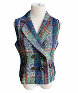 CAbi Plaid Tweed Vest Women M 8 Wool Double Breasted Sleeveless Emerald ... - $29.69