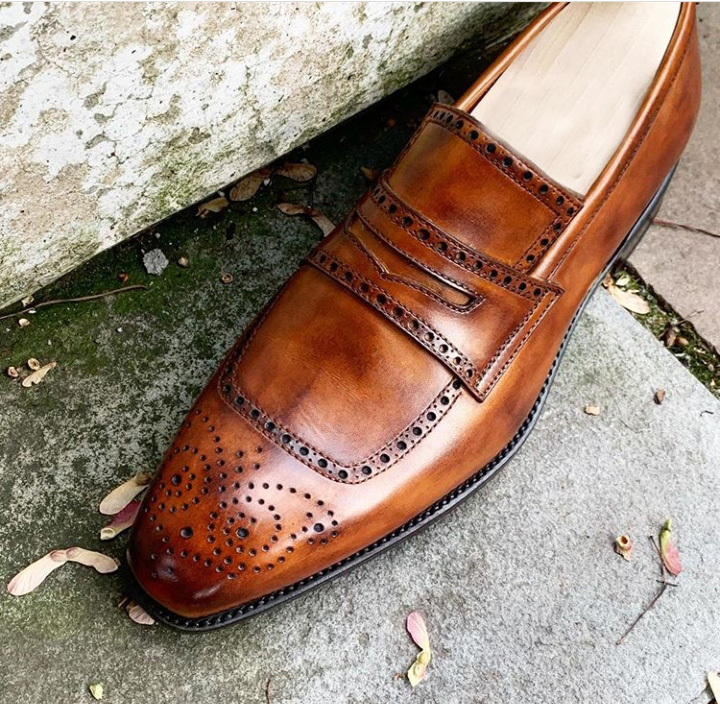 New Handmade Men Brogue Brown Leather Moccasin Shoes