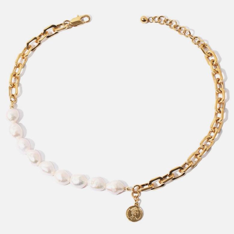 Half Chain Half Pearl Necklace With Coin and 50 similar items