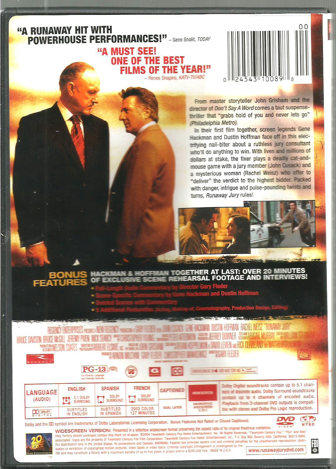 JOHN CUSACK ~ GENE HACKMAN ~ DUSTIN HOFFMAN * RUNAWAY JURY * DVD 2004 ...