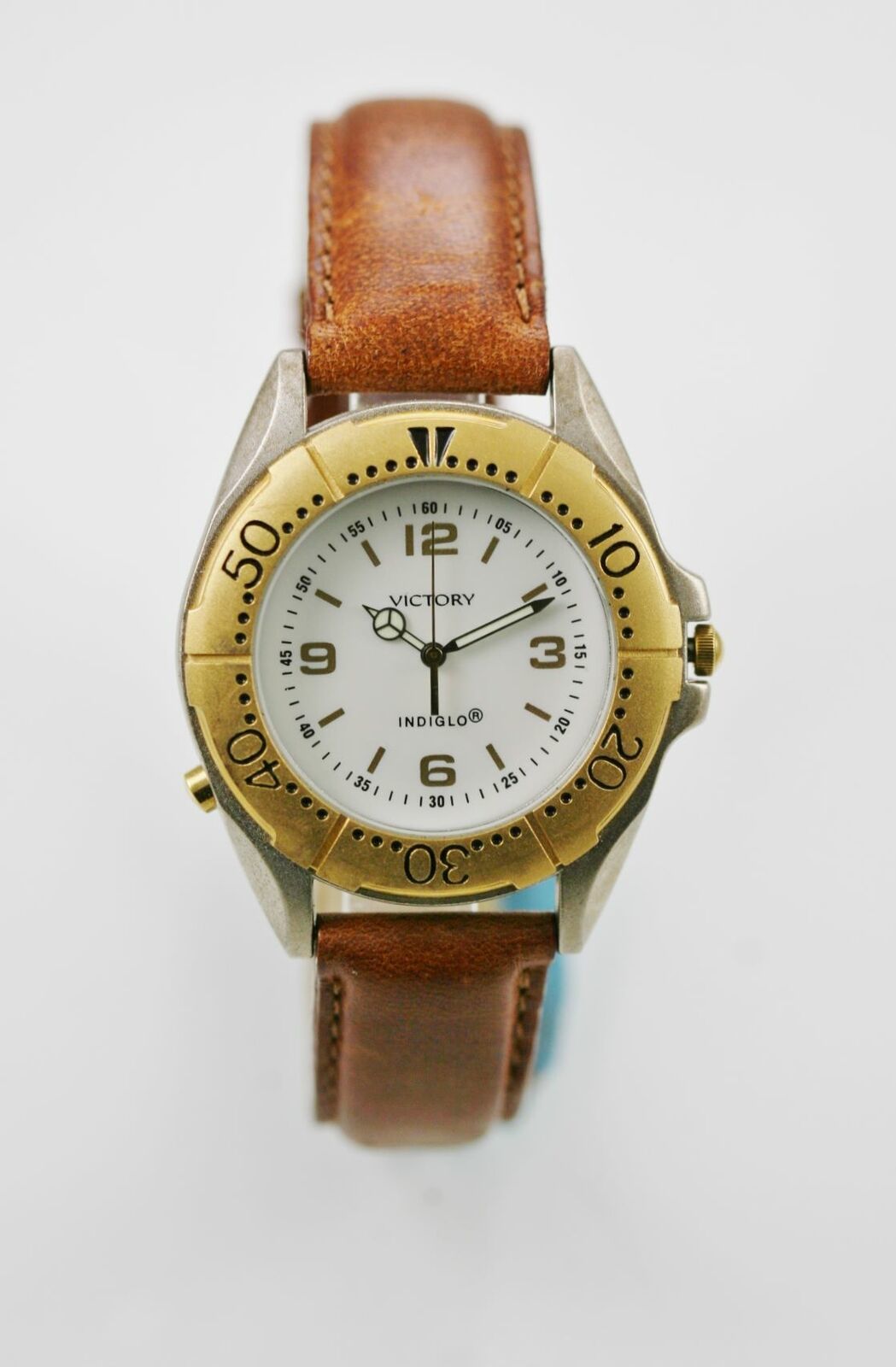 Victory Watch Mens Light Stainless Steel Silver Gold Leather Brown