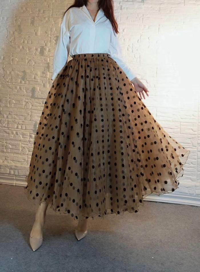 Full Polka Dot Tulle Skirt In Caramel Women Polka Dot Maxi Tulle Skirt