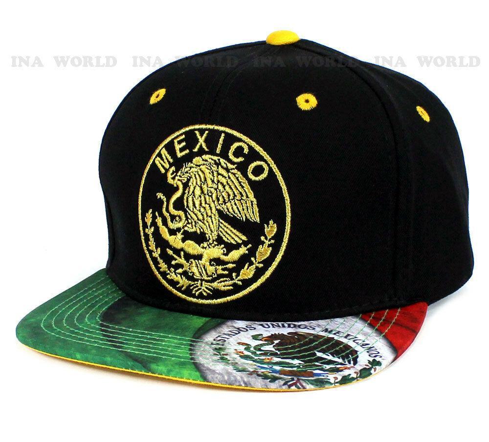 Mexican Flag hat Mexico Gold Embroidered Snapback Flat bill Baseball cap Black Hats