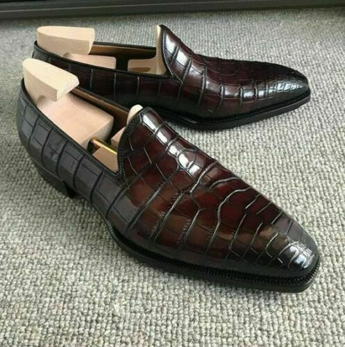 Men's Handmade Brown Crocodile Leather Dress Loafers Alligator imprint shoes