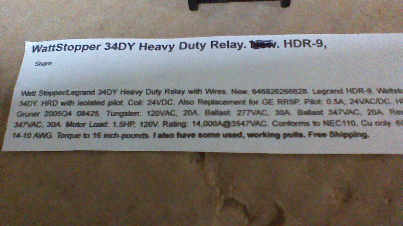 Watt Stopper HDR-9 Heavy Duty Relay w/ Isolated Pilot 
