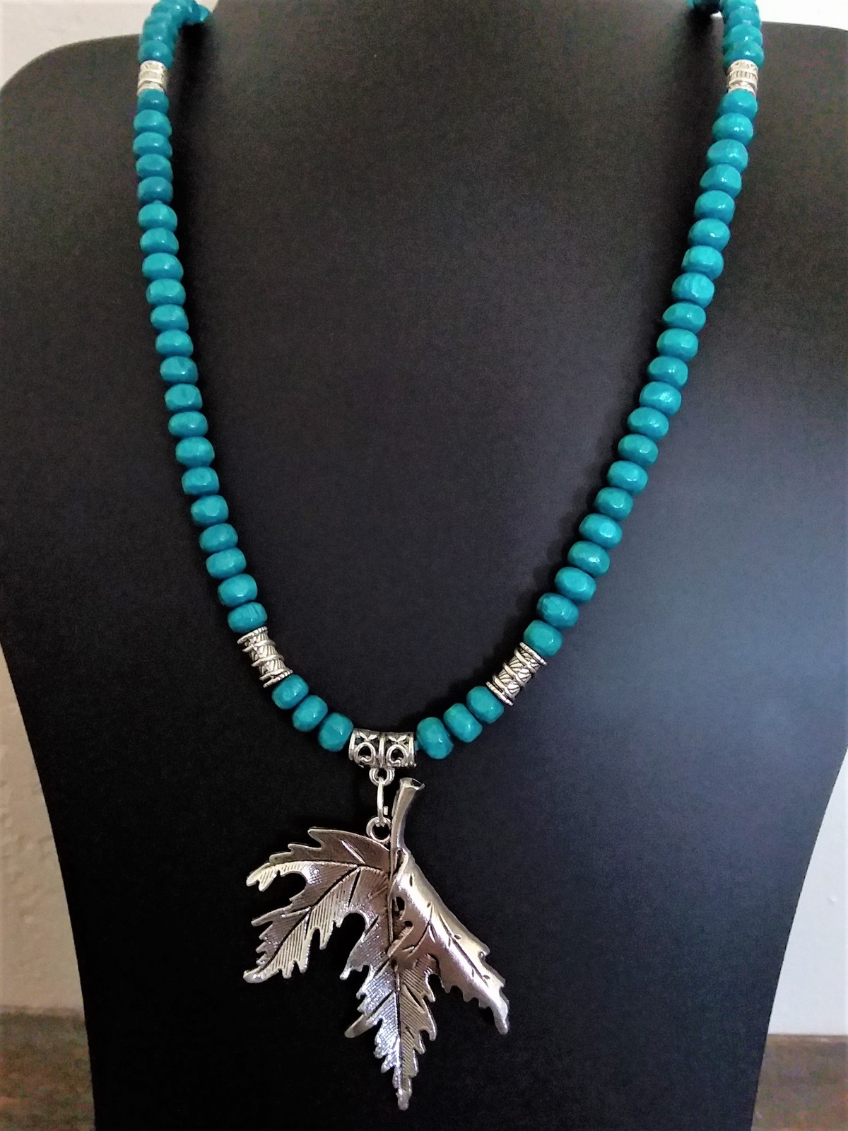 Primary image for Antique Silver Tone Pendant On Leather Cord With Turquoise/Silver Accent Beads