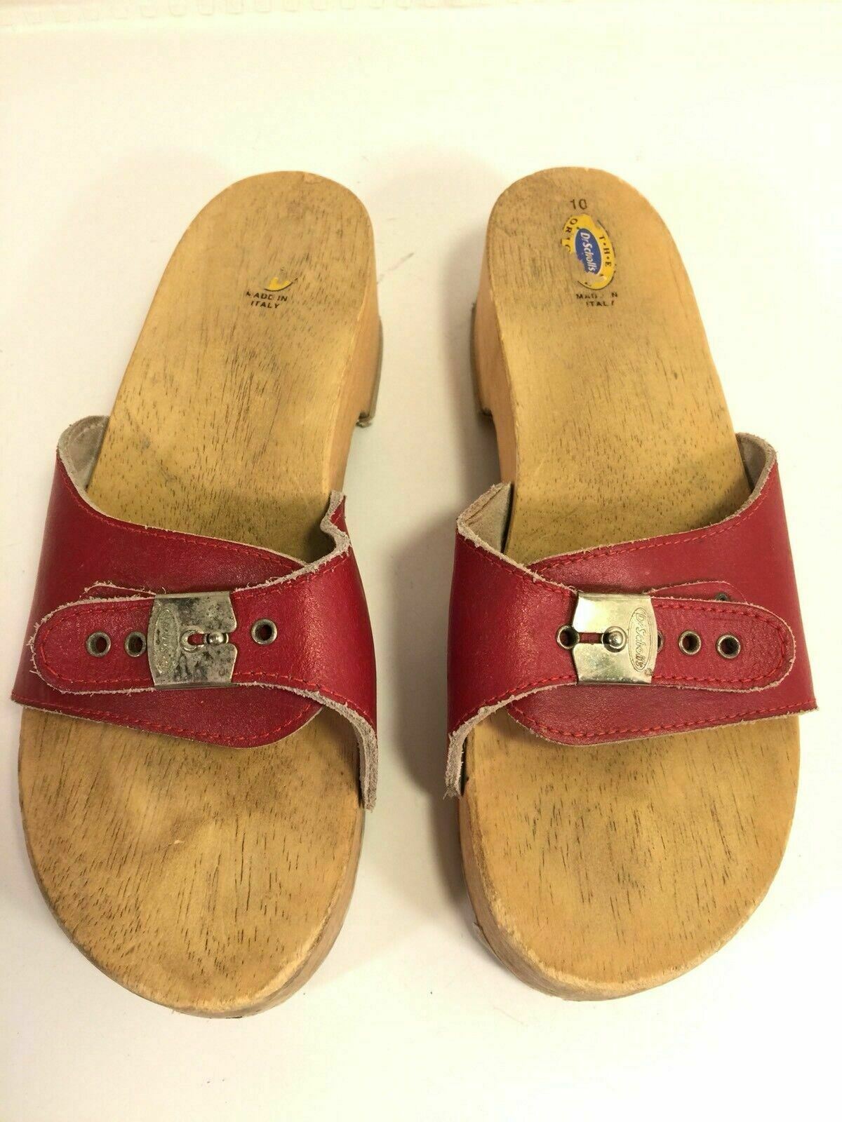 Dr Scholls Wood Clogs Mules Sandals Shoes Womens 10 Red Leather Made In ...
