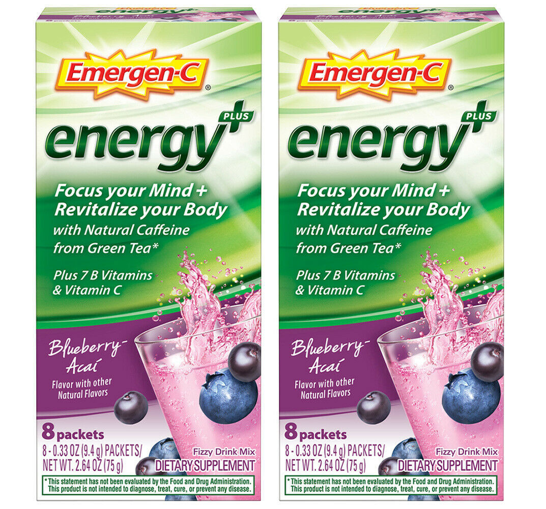 2 Pack EmergenC Energy Plus Drink Mix Powder Packets Blueberry Acai Vitamins & Minerals