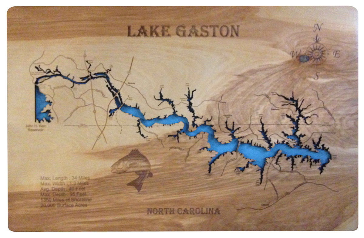 Wood Laser Cut Map of Lake Gaston, NC Topographical Engraved Map