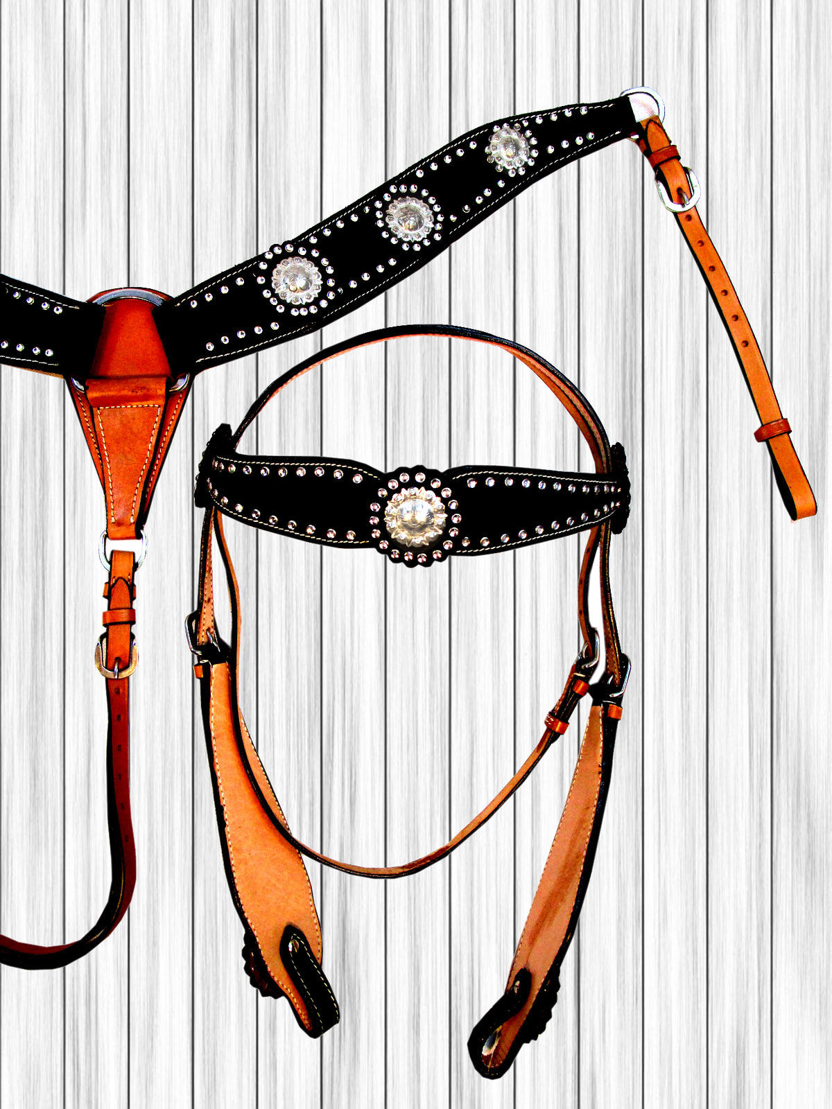 BLACK HEADSTALL BREAST COLLAR SET SHOW WESTERN RACER BARREL HORSE TACK