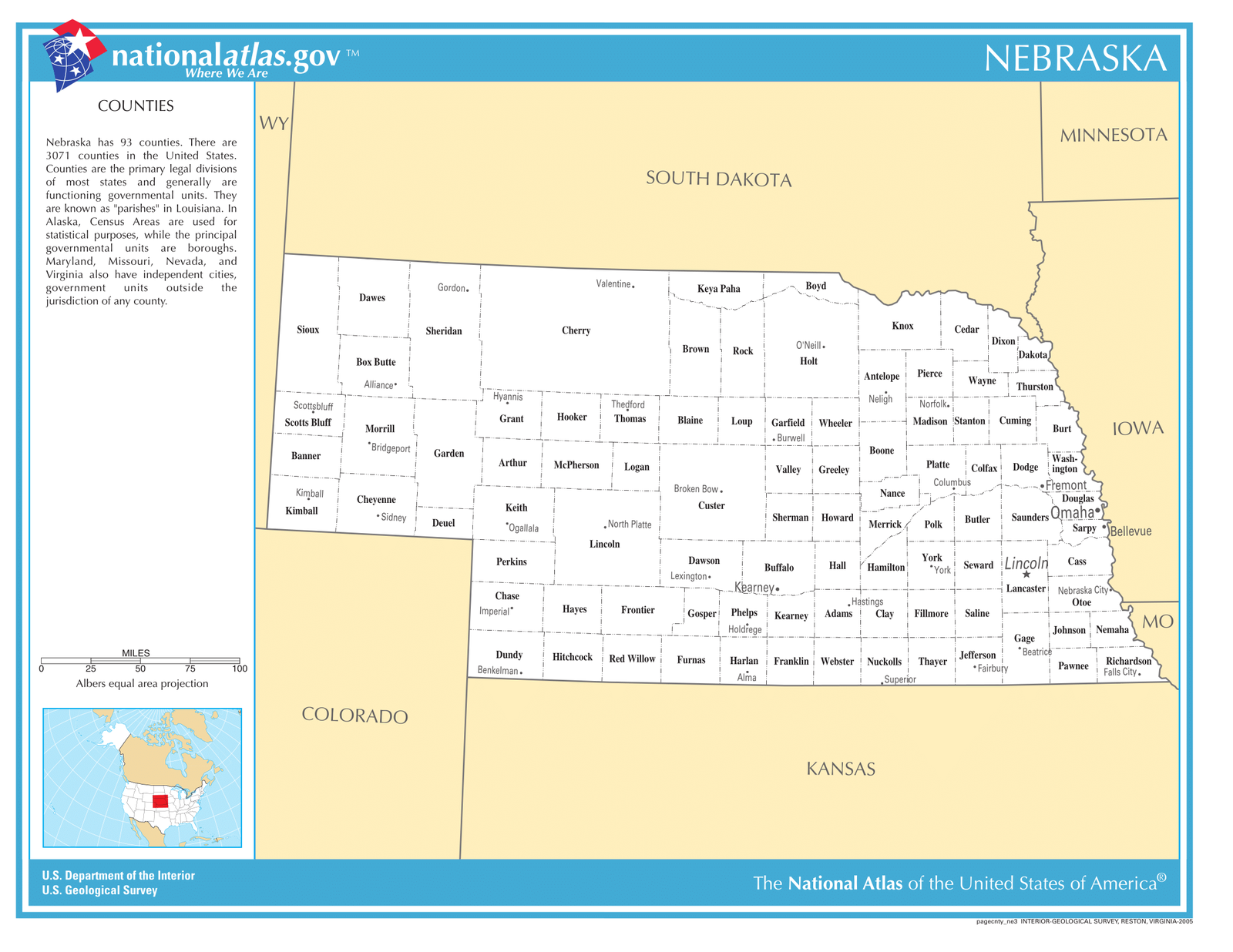 Nebraska State Counties Wcities Laminated Wall Map Us