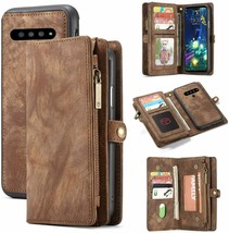 LG V60 ThinQ Wallet Case Leather Card Slots Zipper Pocket Detachable Cover Brown - $48.40