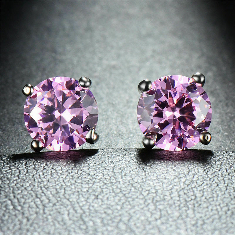 18K White Gold Plated Pink CZ Round Earrings for Girls 5mm