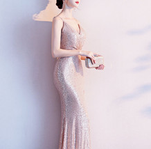 Sleeveless Sexy Sequin Dress V Neck High Slit Sequin Maxi Dress Gown Pink Gold image 6