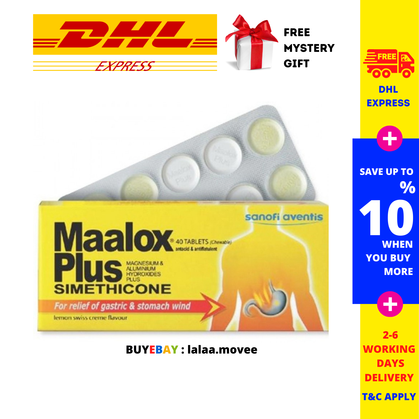 10 X Maalox Plus SIMETHICONE Tablets 40's For Gastric,Stomach Wind