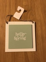 NEW Hello Spring Green Square Wooden Hanging Sign Plaque 4 1/2" Target Decor - $6.14