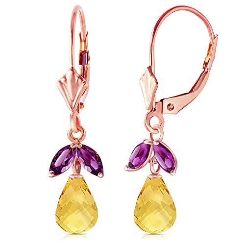 Galaxy Gold GG 3.4 Carat 14k Solid Rose Gold Leverback Earrings Citrine Amethyst