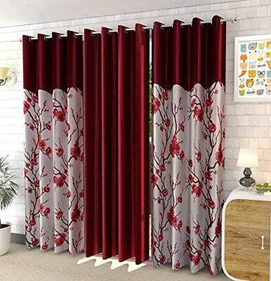 3 X Polyester Digital Floral Joint Maroon Printed Door Curtains 5ft | 7ft | 9ft