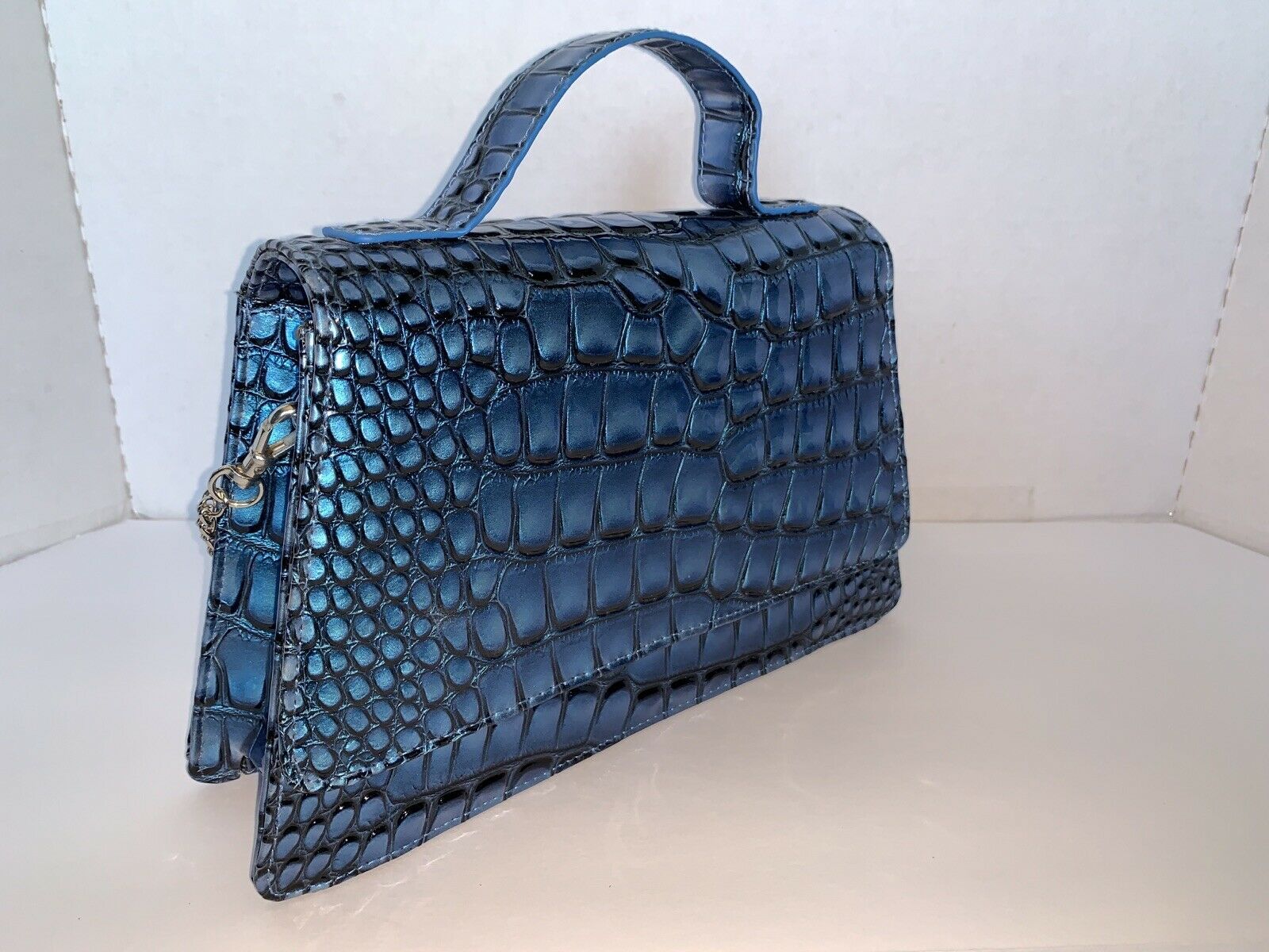 New Geir Ness Norway Laila Metallic Blue Purse With Metal Strap Women